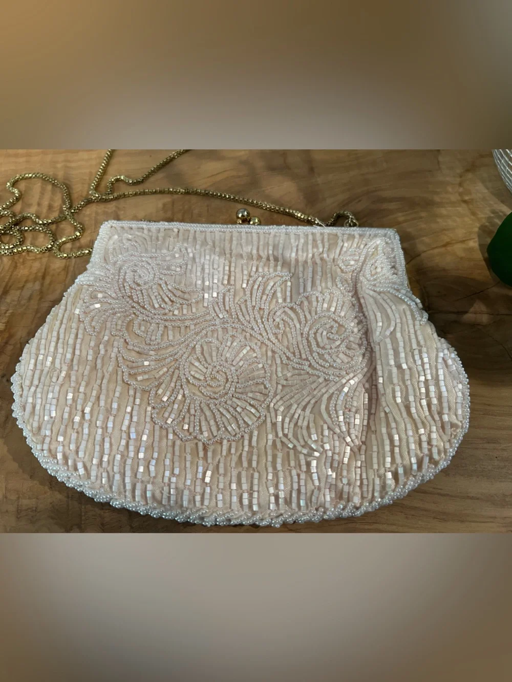 Vintage Beaded Cream Colored Evening Clutch with Gold Chain Strap